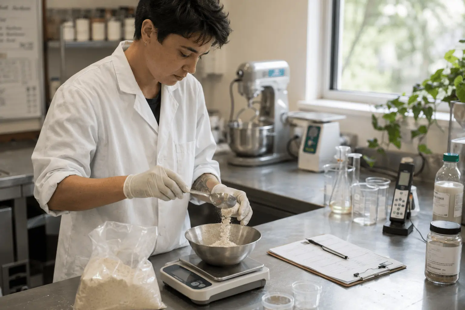 A food technologist weighing ingredients during a pilot batch.