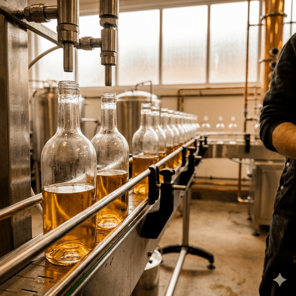 Glass bottles moving along a small-batch beverage filling line.