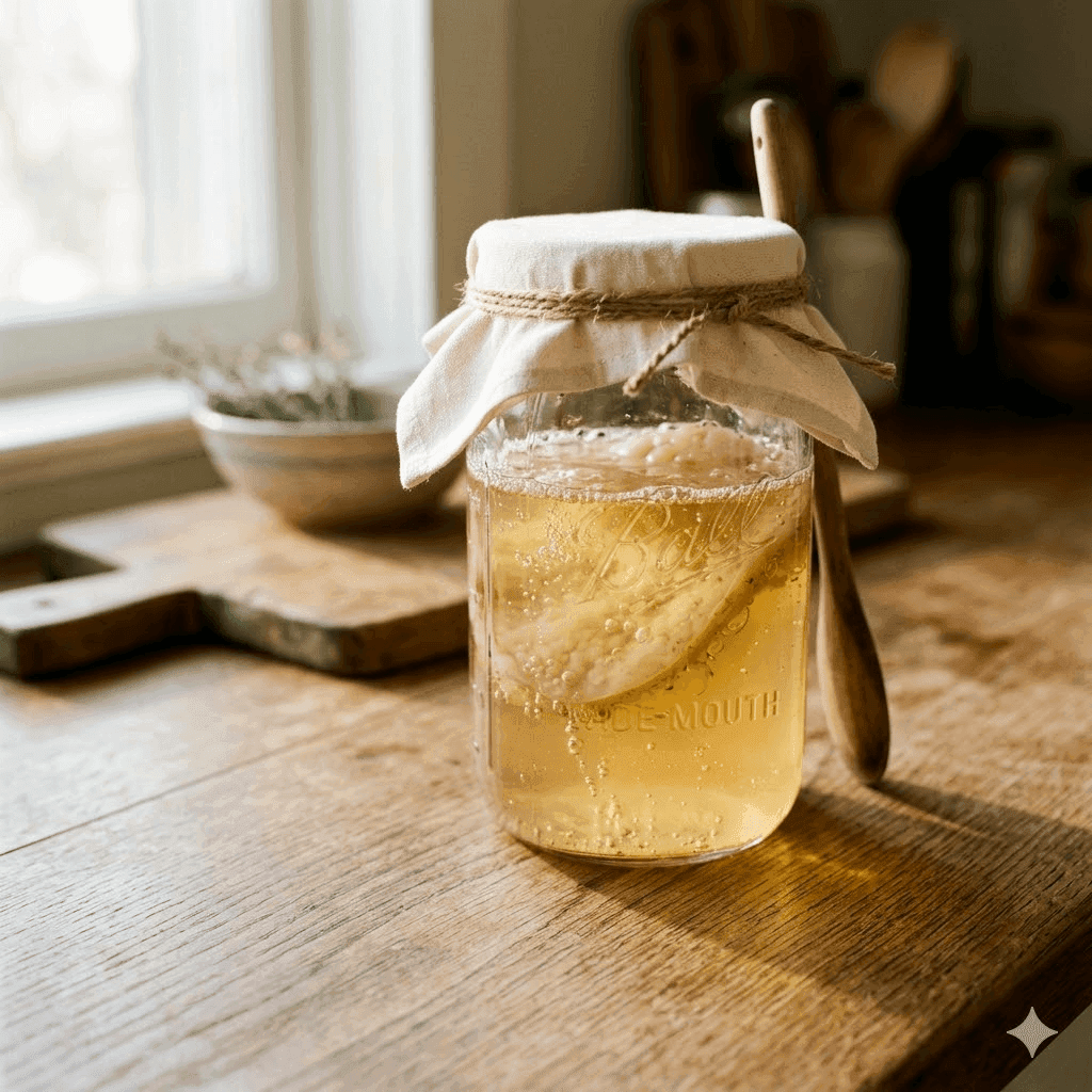 Active fermentation culture bubbling inside a glass mason jar.