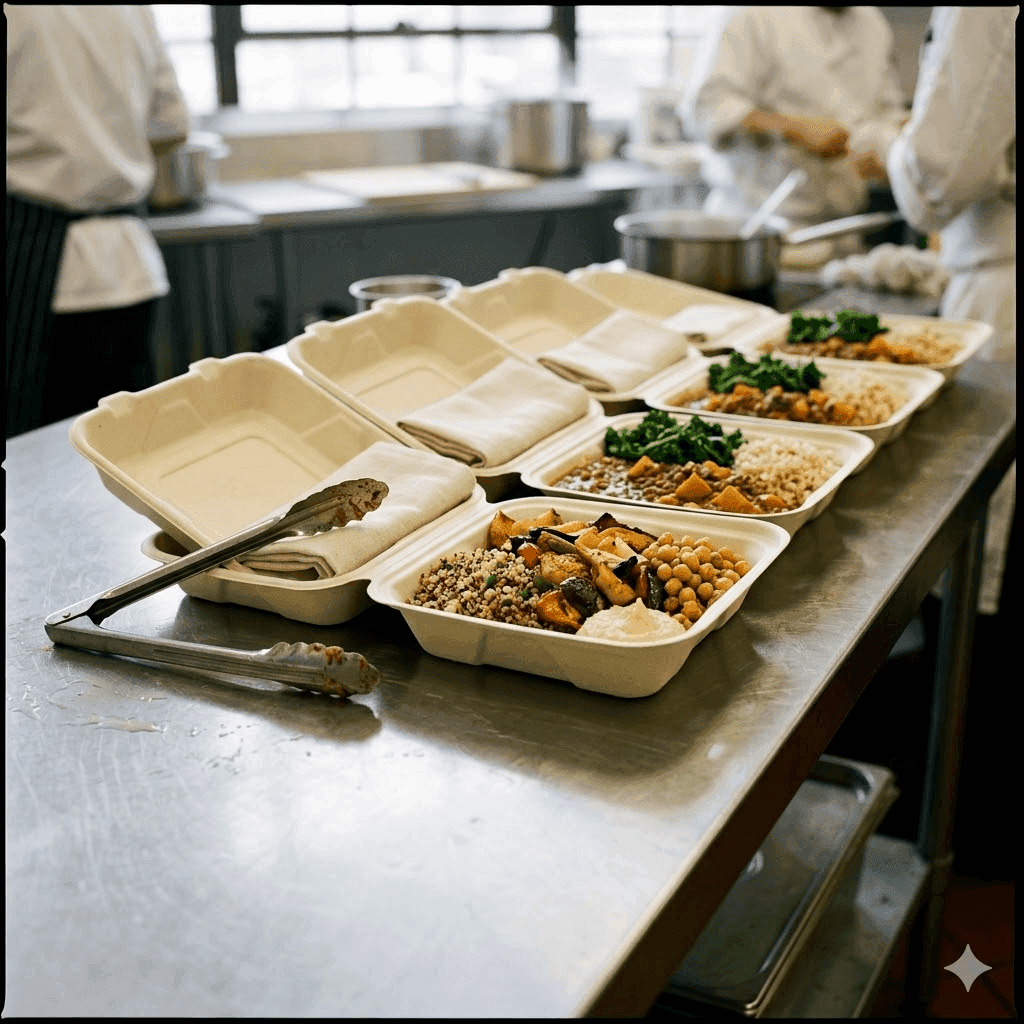 Catering portions plated in compostable trays on a stainless prep table.