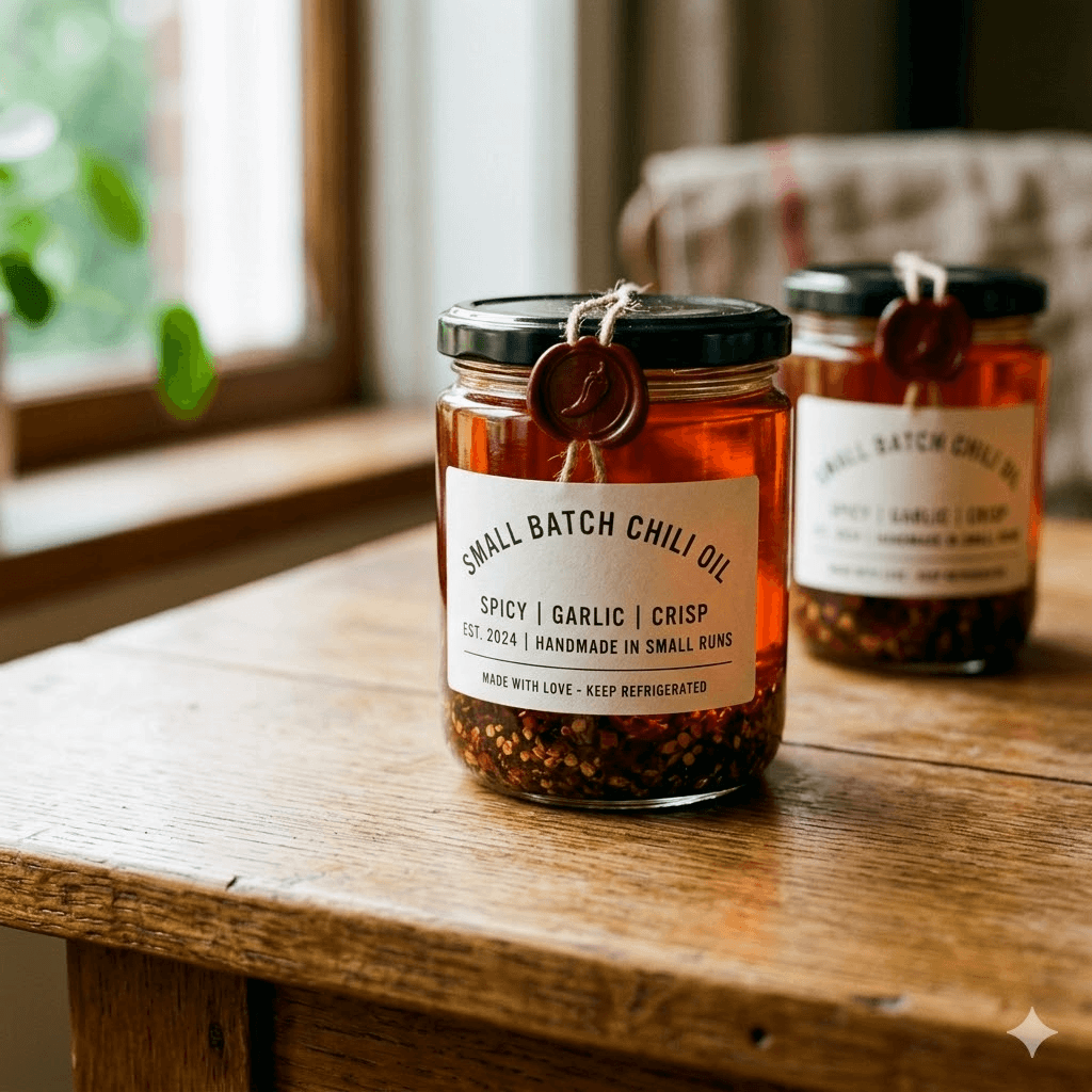 Hand-labelled chili oil jar with a wax seal on a wooden table.