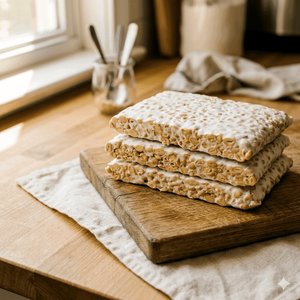 Slabs of fresh tempeh stacked on a wooden cutting board in daylight.